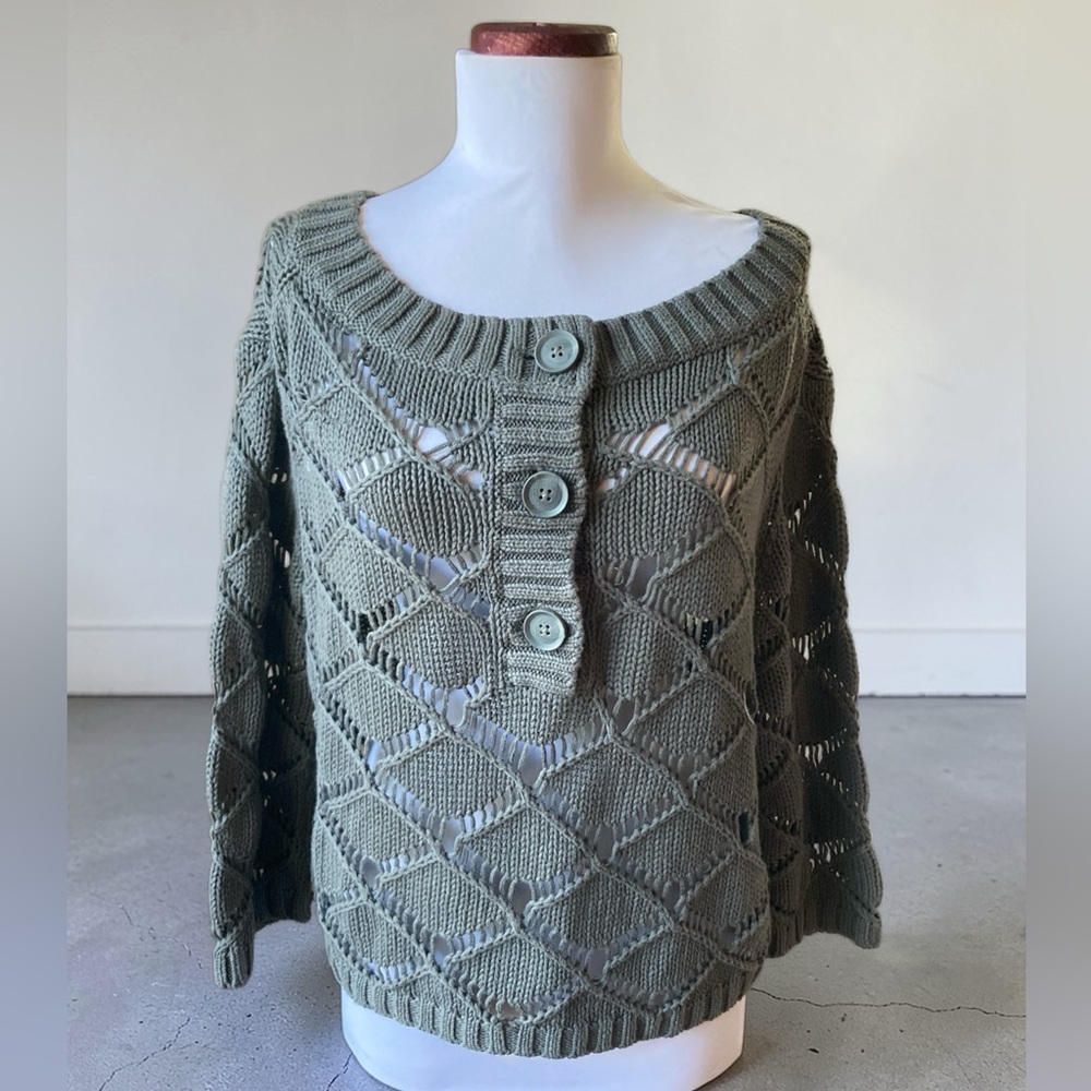 Moda International Sage Button Cropped Sweater Size Medium Cotton Open Weave